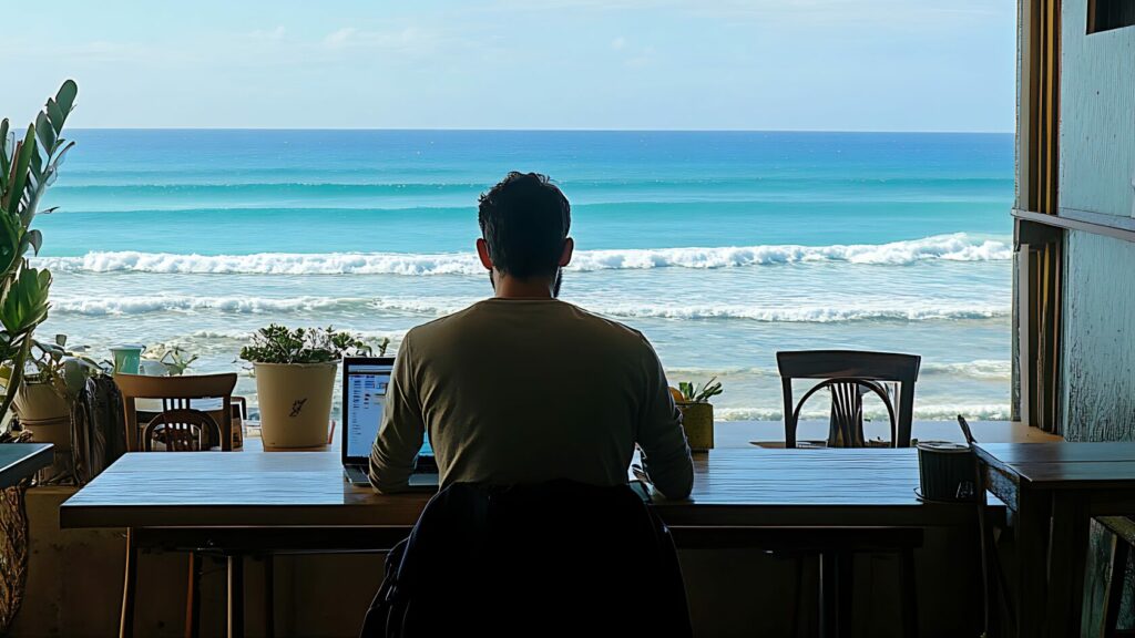 Nómada Digital frente a la playa de Cádiz