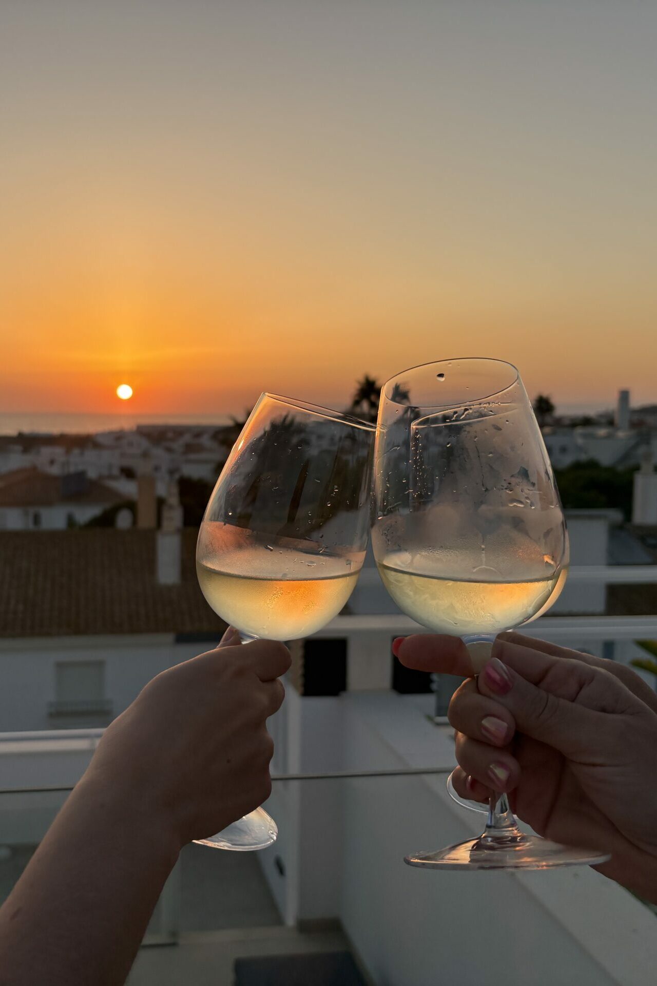 Copas brindando con una puesta de sol a lo lejos