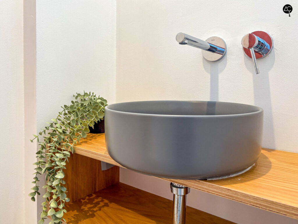 Imagen en primer plano de lavabo gris redondo, con detalle de planta decorativa