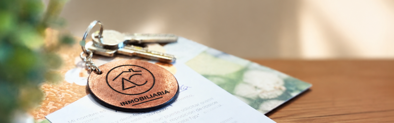 llavero con logo de AC-Inmobiliaria y con llaves sobre mesa y papeles